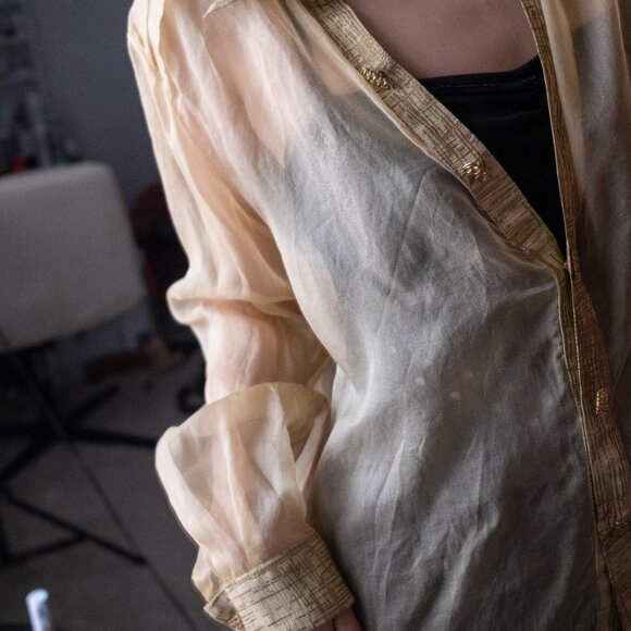 Sheer Vintage Caché 100% Silk Gold Trim Button-Up Blouse - Picture 2 of 7